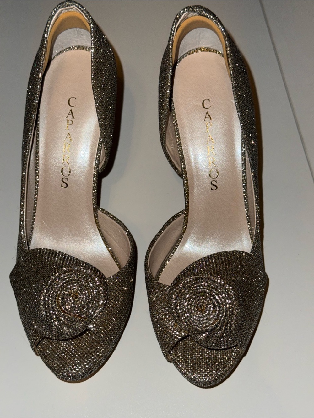 Caparros Glitter Gold D'Orsay Heels with Rosette Accent